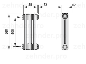 Схема (чертеж) Радиатор Zehnder Charleston 2056/3 №1270 Белый глянцевый RAL 9016